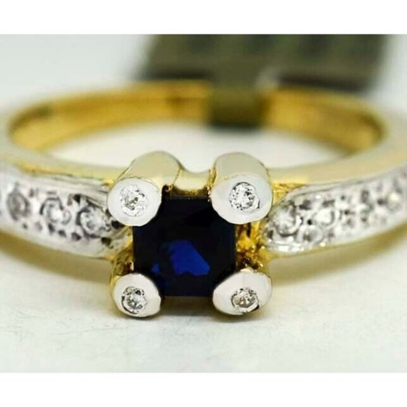 Genuine 1.35 Cts Blue Sapphire & Diamonds Ring 10k Yellow Gold